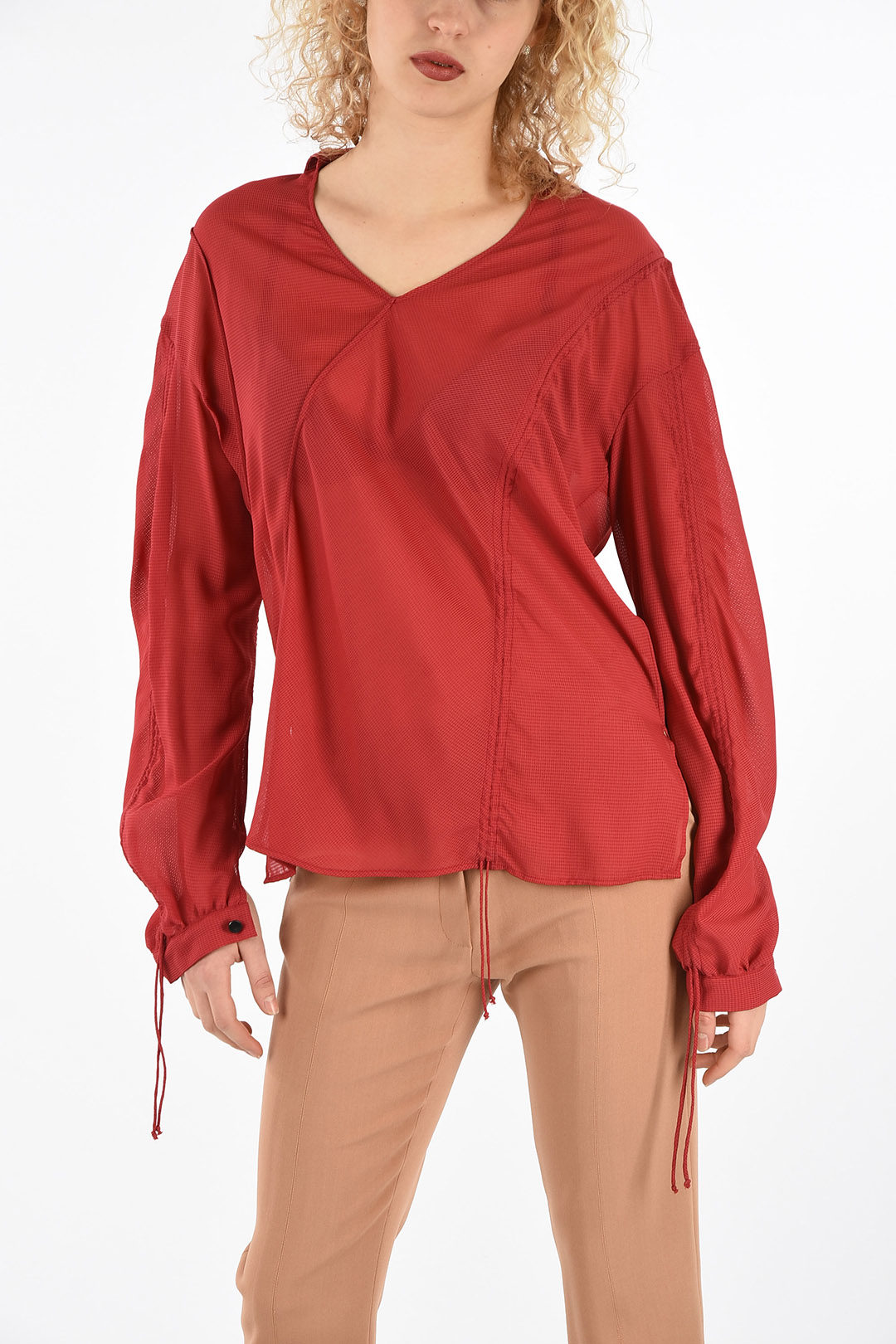 red sheer long sleeve shirt