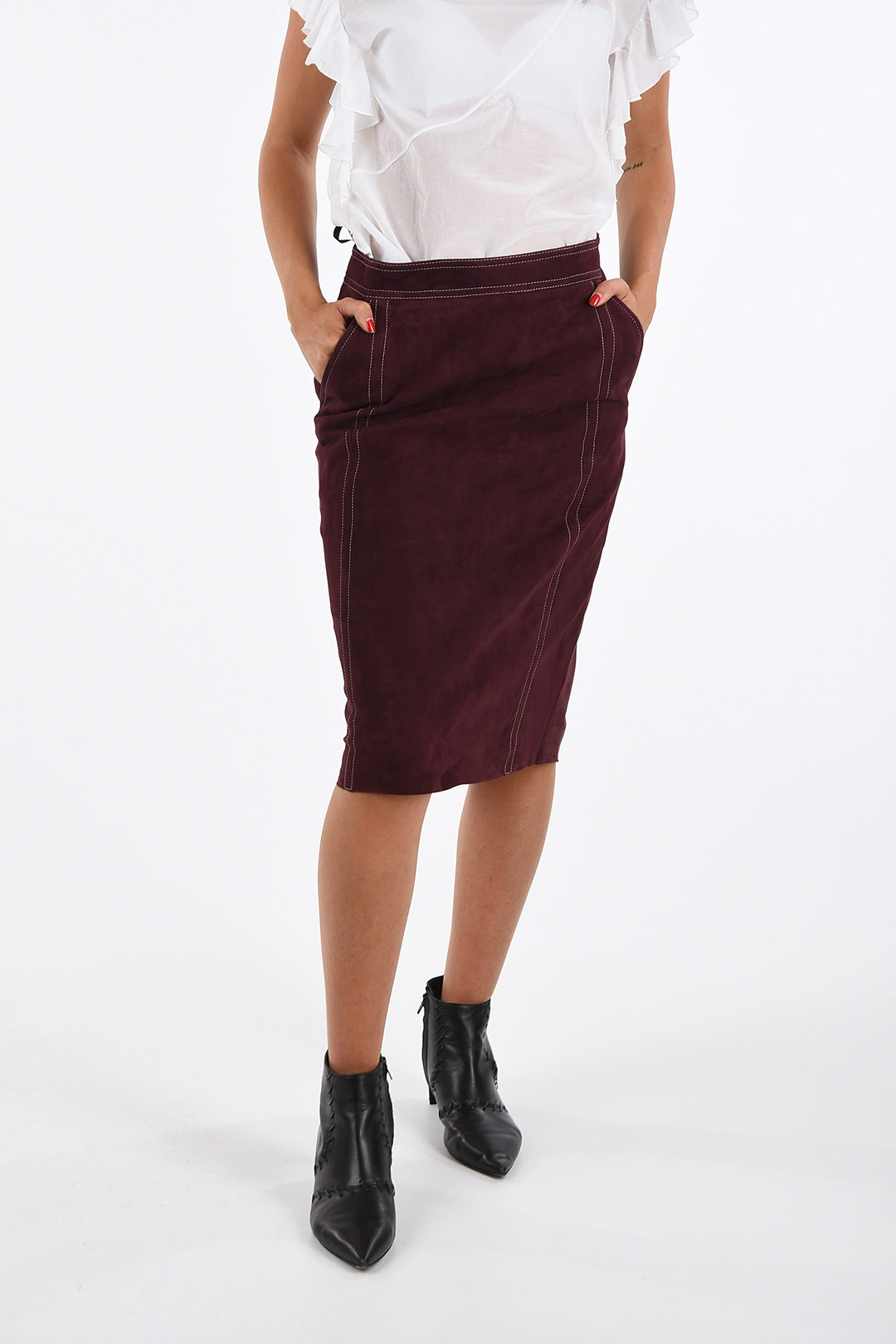 burgundy knee length leather skirt